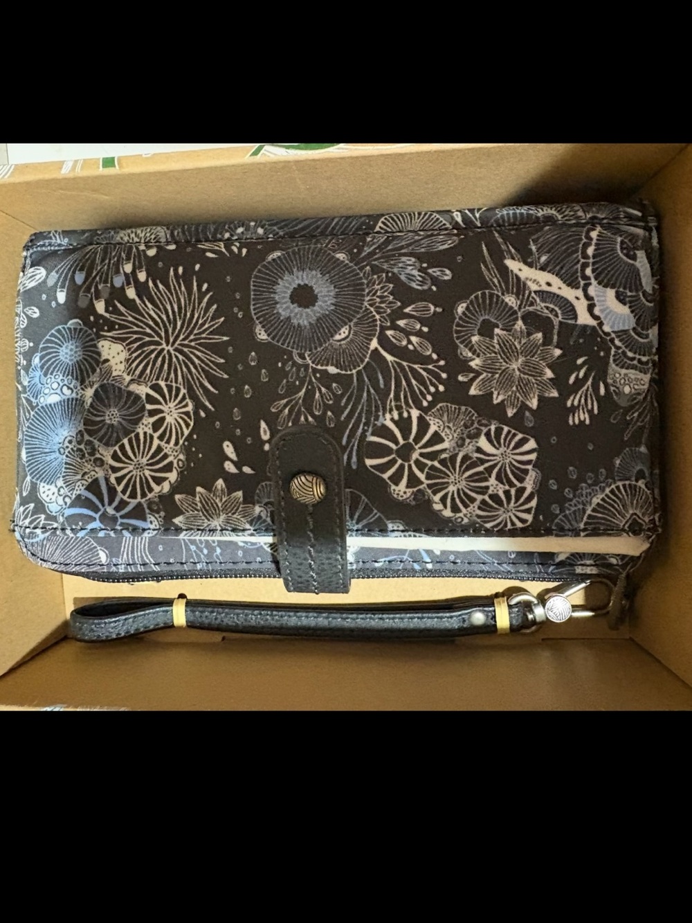 Floral Print Black Wristlet Wallet with Detachable Strap